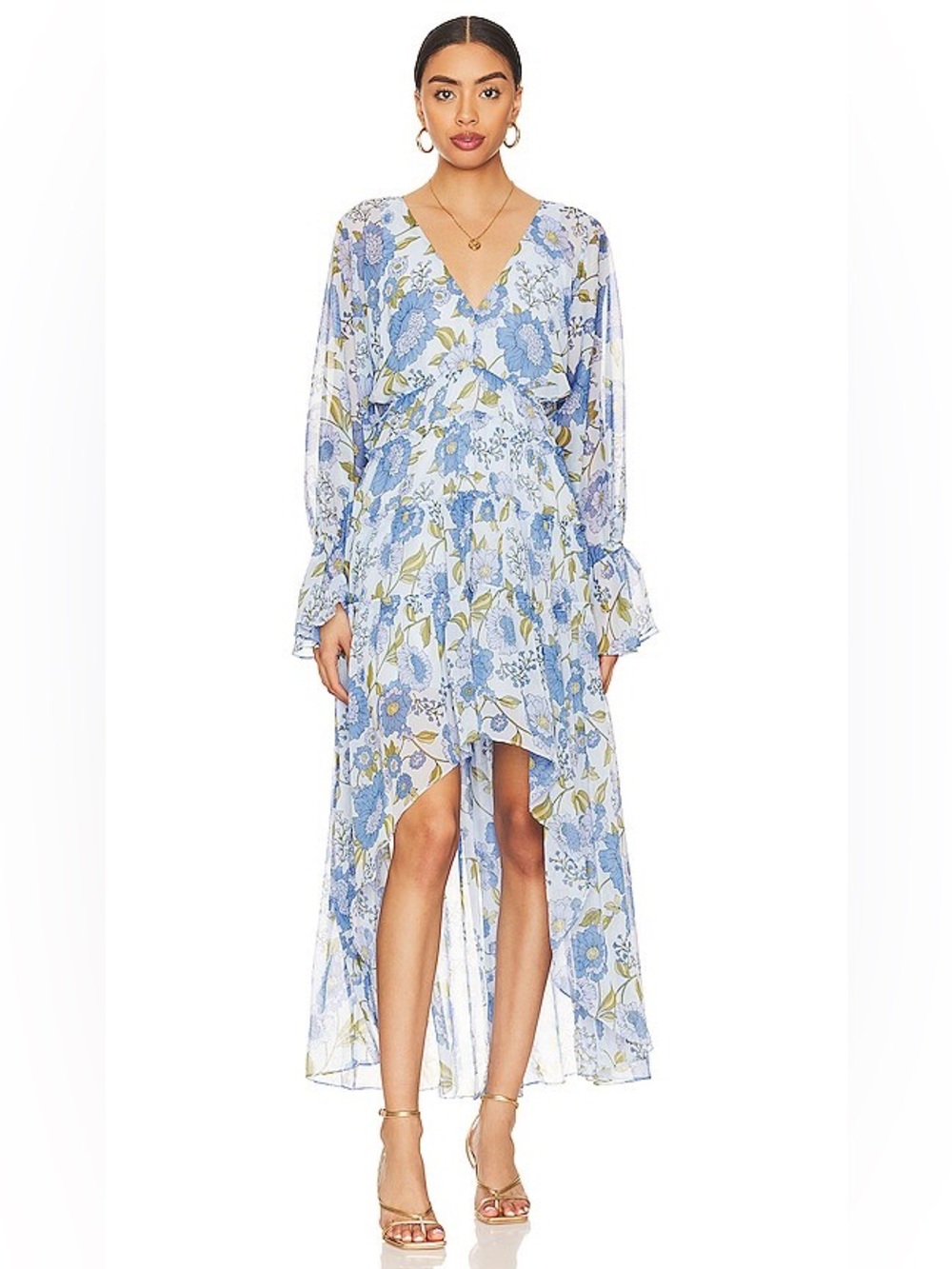 NWT Steve Madden Blue Floral Sol Long Sleeve Midi Dress Womens Size Medium
